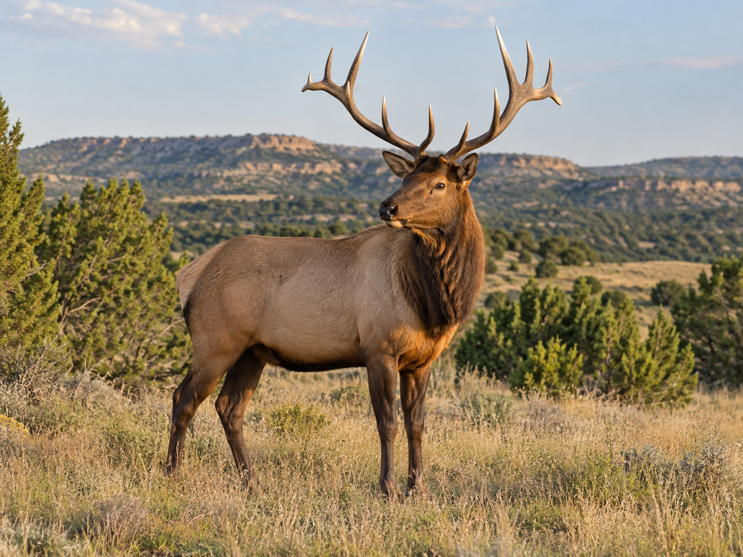 Bull elk standing in native ranch grassland