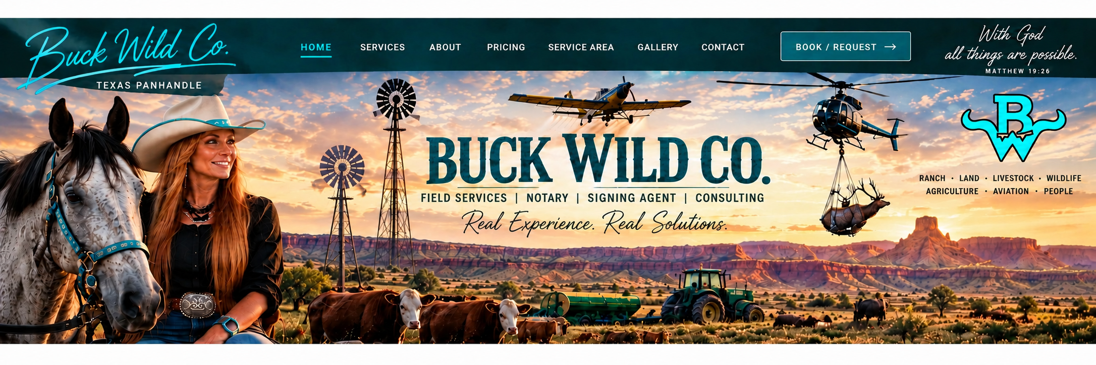 Buck Wild Co. ranch, canyon, aviation and livestock banner