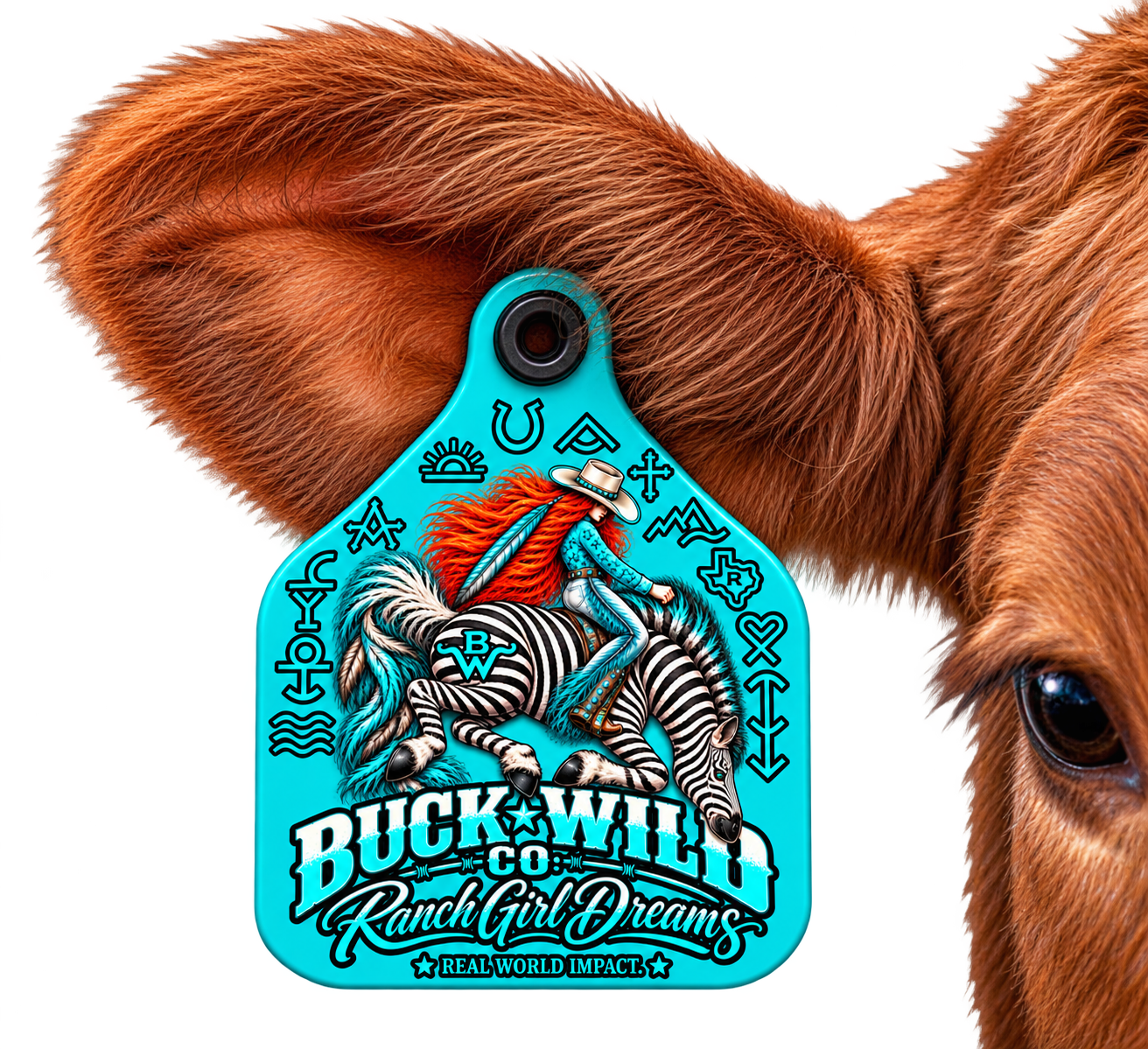 Red cow wearing the Buck Wild Co. turquoise cowgirl ear tag — Ranch Girl Dreams, Real World Impact