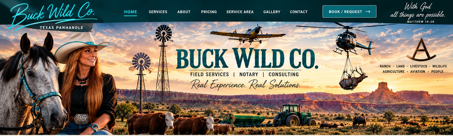 Buck Wild Co. ranch, canyon, aviation and livestock banner